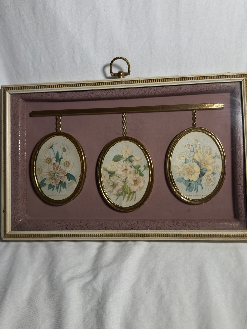 Floral Triple Oval Wall Art - Pink Background, Gold Frames
